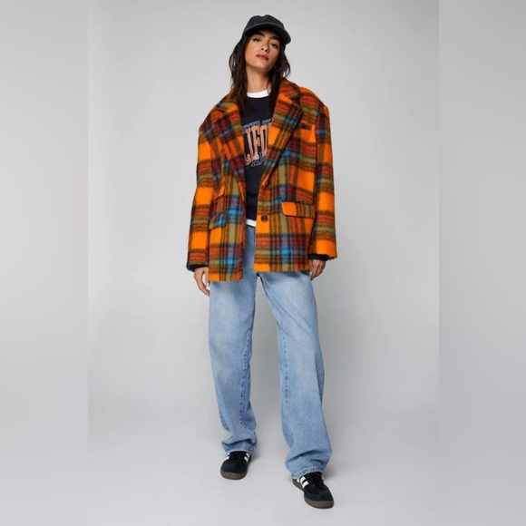 NWT! NASTY GAL Premium Wool Blend Oversized Orange Plaid Stripe Blazer Coat - Picture 15 of 16